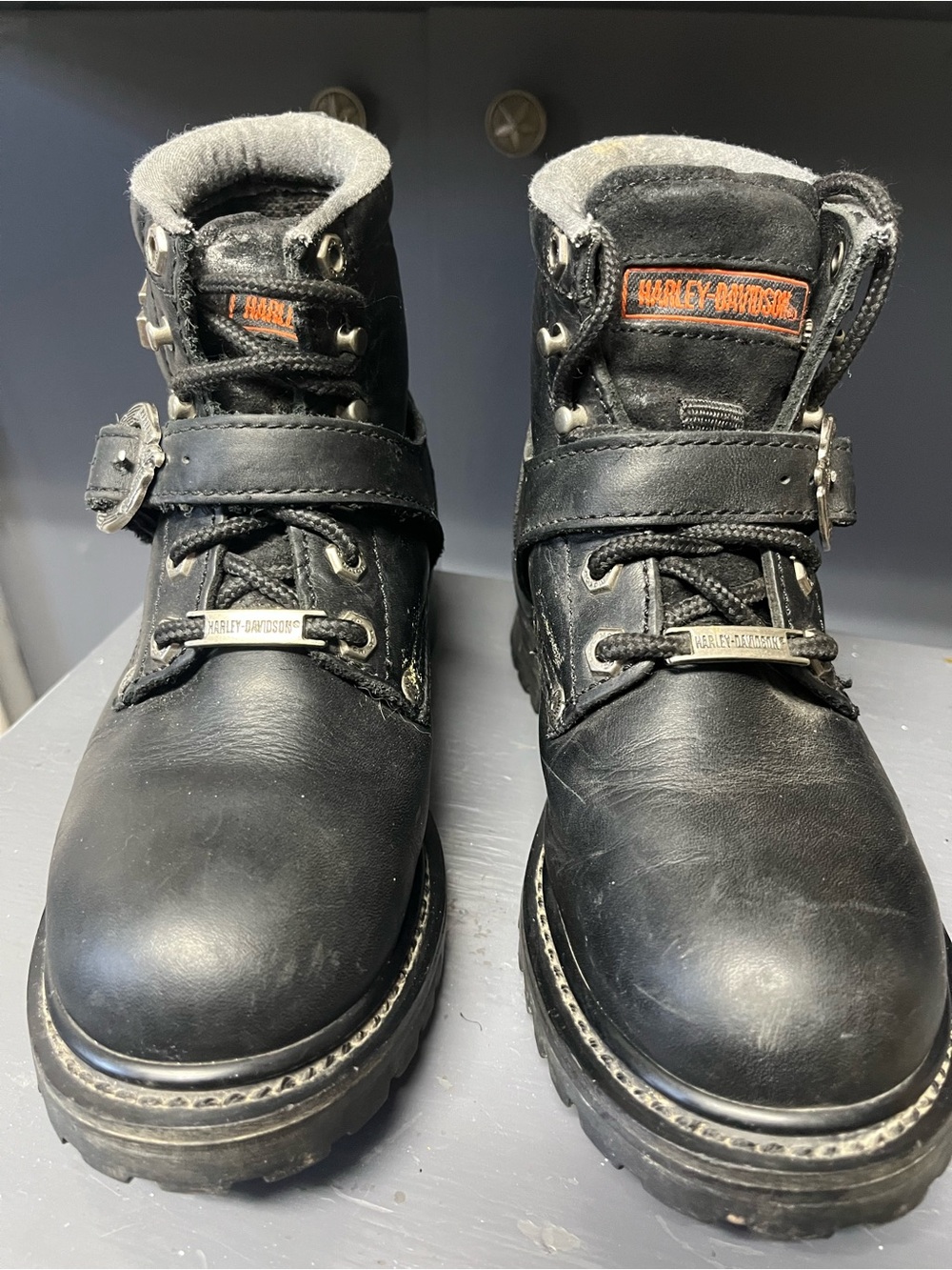 Harley-Davidson Black women’s Leather Strap & Lace Boots with Orange Logo